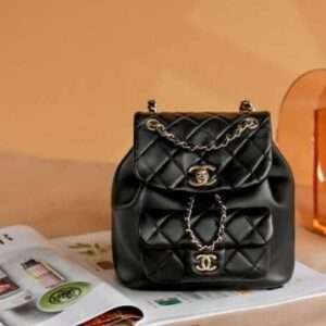 Chanel Mini Smooth Leather Backpack With Gold Lock Black 18x19x12cm