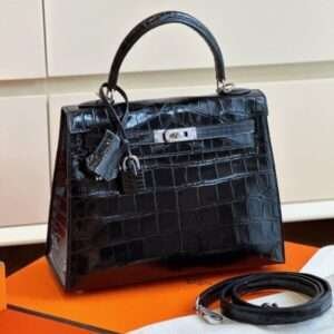 Hermes Kelly Crocodile Black Leather Handle Lock Fake 11 Handbags 25cm