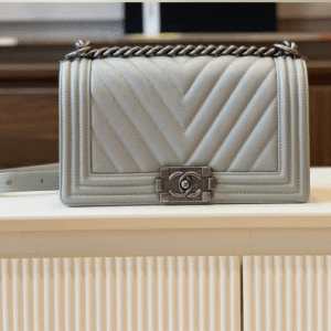 Chanel Boy Medium Grey Leather With Silver Lock 25cm