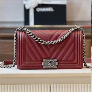 Chanel Boy Medium Handbag V-Pattern Red Leather 25cm