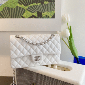Chanel Classic Lizard Skin White With Silver Lock 25cm