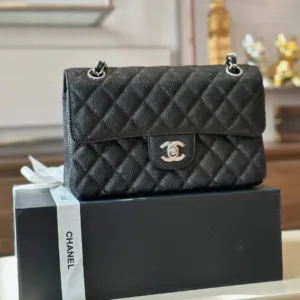 Chanel Classic Black Leather Lock Silver Bag 23cm